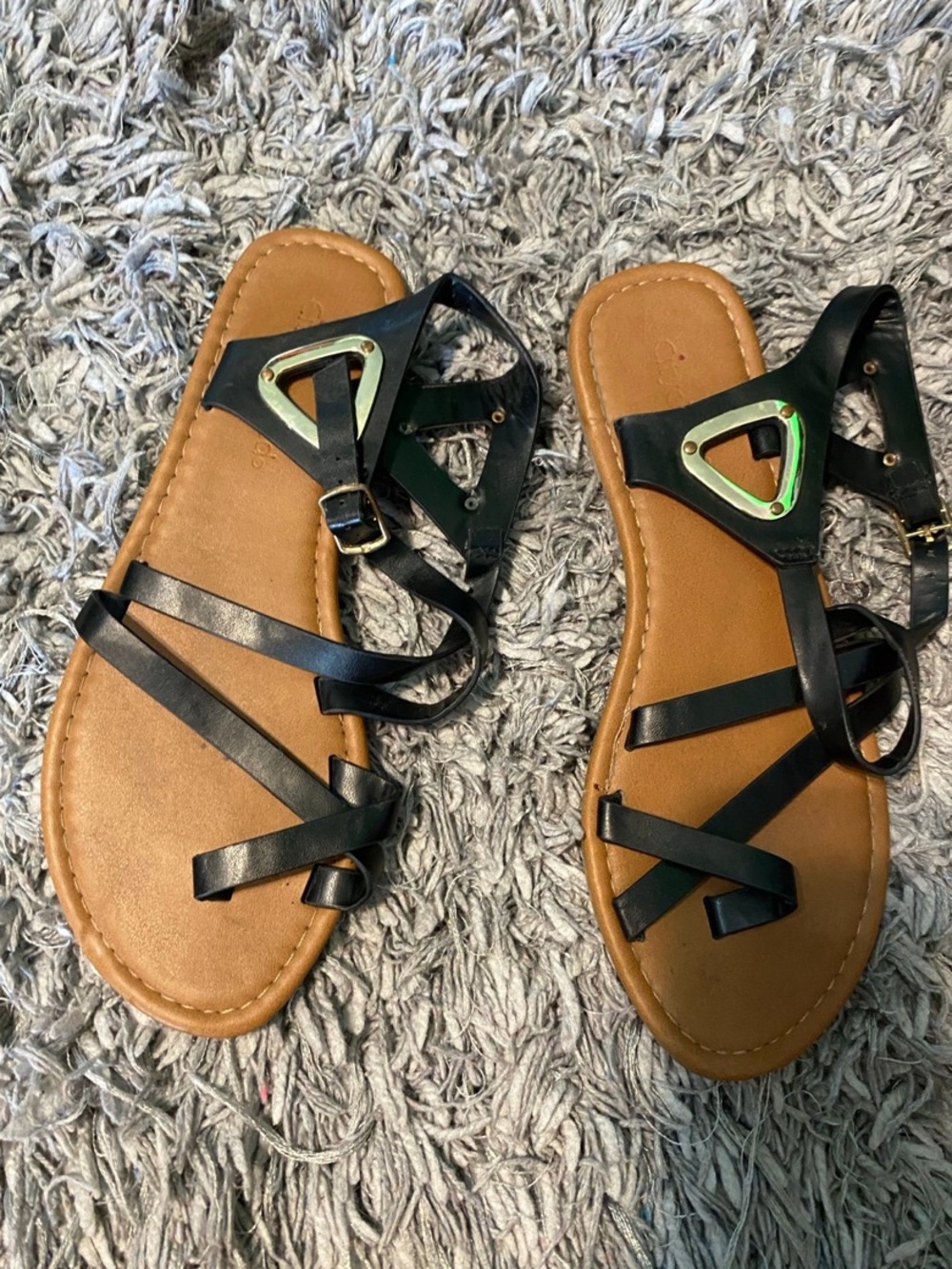 Cityclassified Black Strappy Sandals with Tan Footbed and Metallic Accents